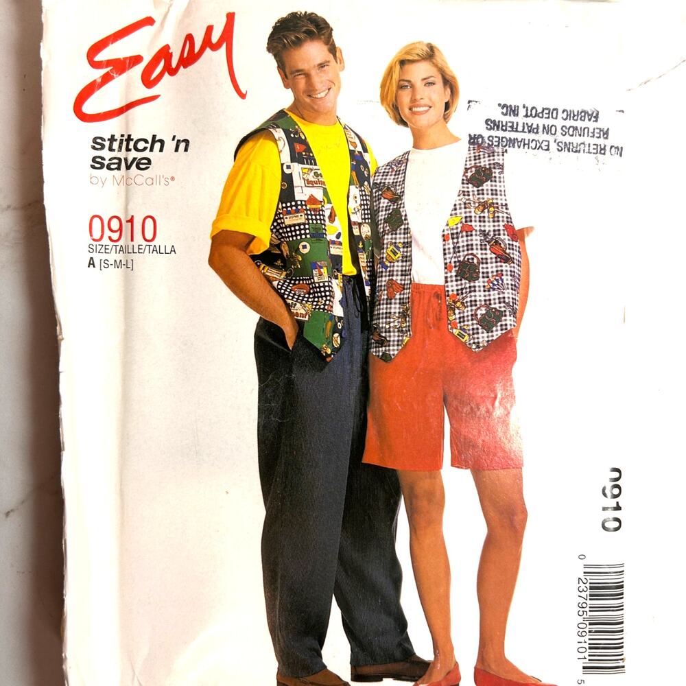 Vintage McCall’s Stitch N Save 910 Unisex Vest Tee Pants Shorts Pattern S M L